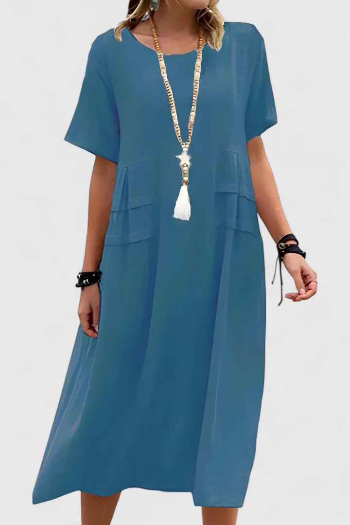 Noelle | Women's Wedding Guest Elegant Casual Midi Dress with Patch Pockets Dresses — Blue