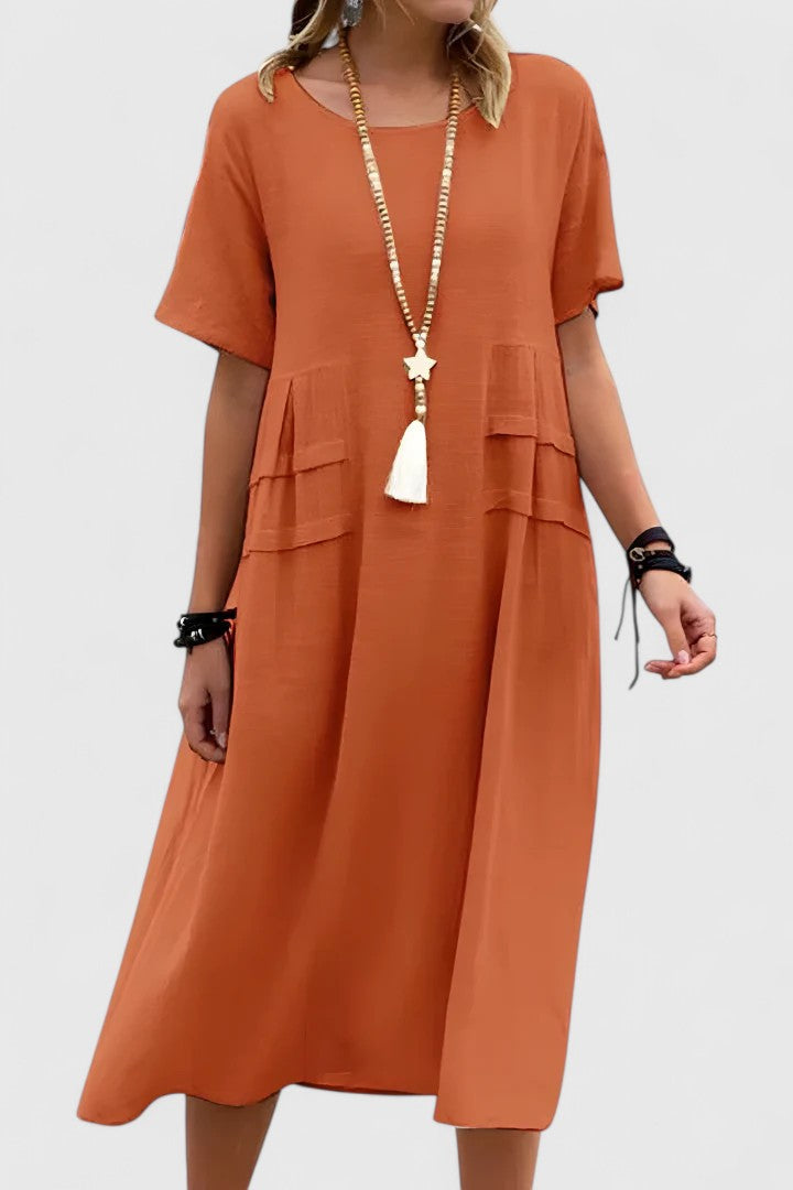 Noelle | Women's Wedding Guest Elegant Casual Midi Dress with Patch Pockets Dresses — Orange