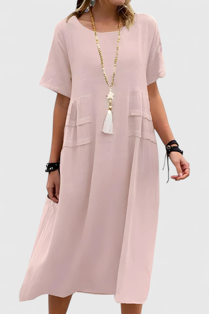 Noelle | Women's Wedding Guest Elegant Casual Midi Dress with Patch Pockets Dresses — Pink