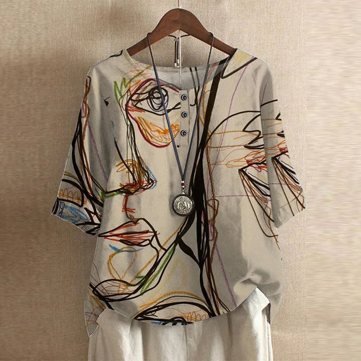 Octaviana | Women's Linen Casual Vintage Floral Print Blouses — Beige