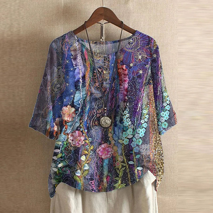 Octaviana | Women's Linen Casual Vintage Floral Print Blouses — Violet