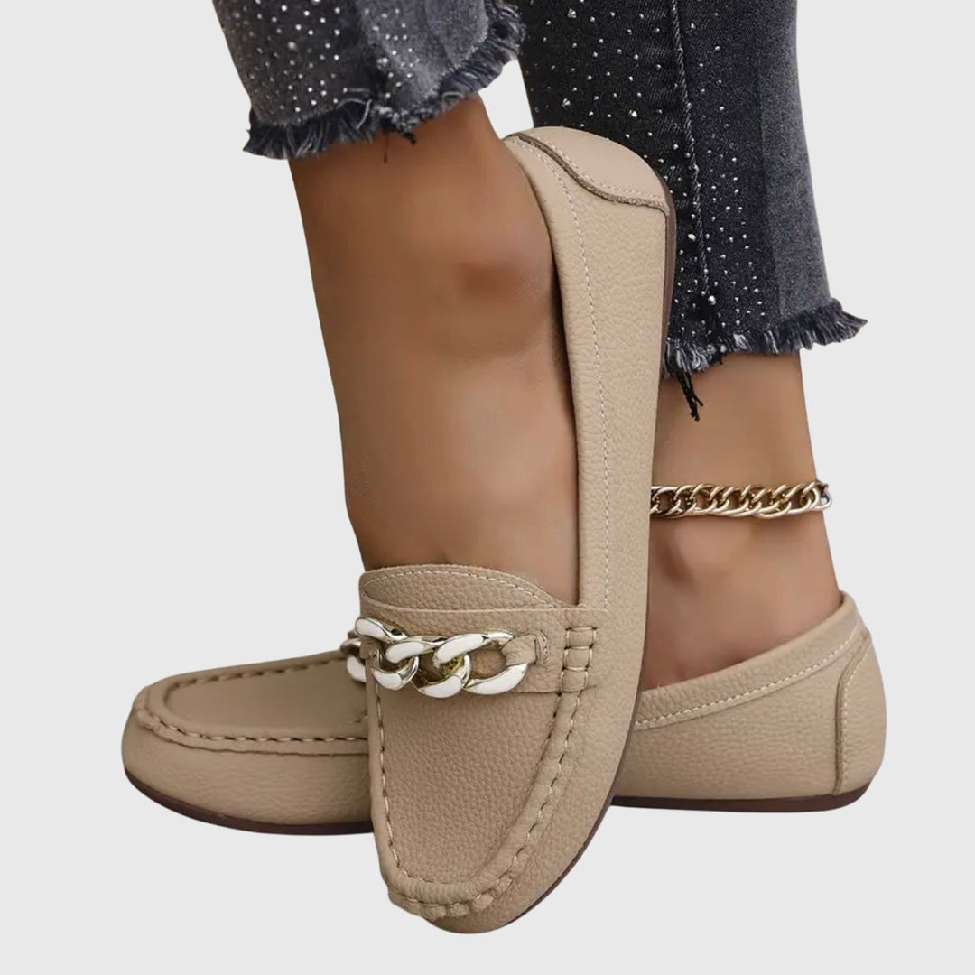 Odelaine | Women's Orthopedic Comfort Gold Chain Loafers Round Toe Slip-On Flats — Beige