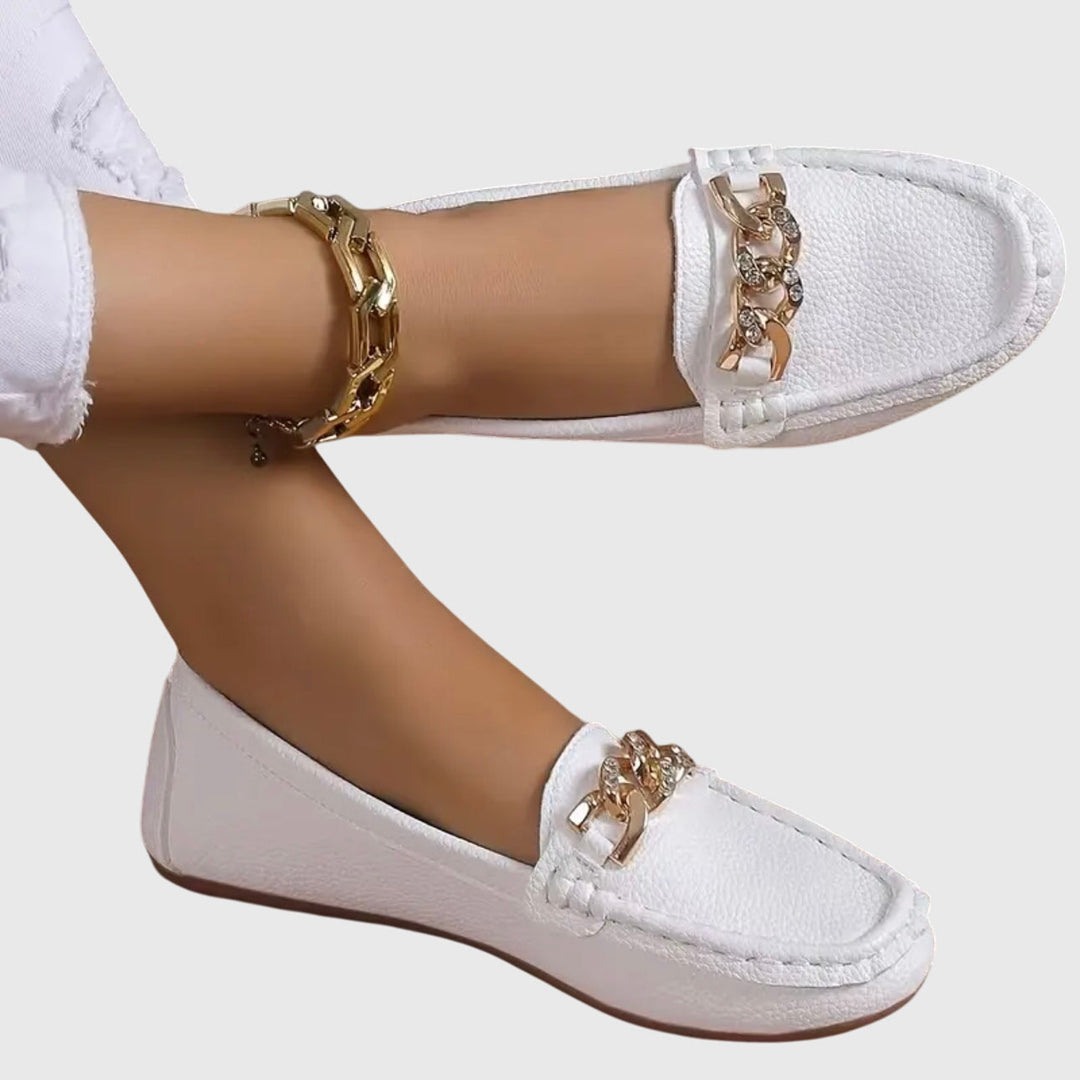 Odelaine | Women's Orthopedic Comfort Gold Chain Loafers Round Toe Slip-On Flats — White
