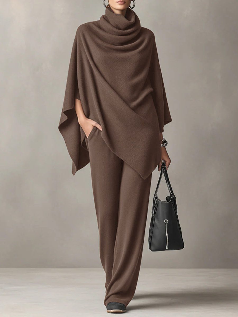 Odelnova | Women's Two-Piece Matching Knitted Cowl-Neck Co-ord Set, Wide-Leg — Dark Brown
