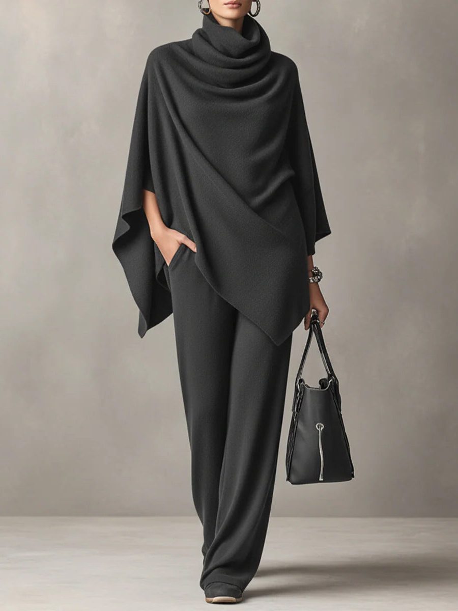 Odelnova | Women's Two-Piece Matching Knitted Cowl-Neck Co-ord Set, Wide-Leg — Dark Grey