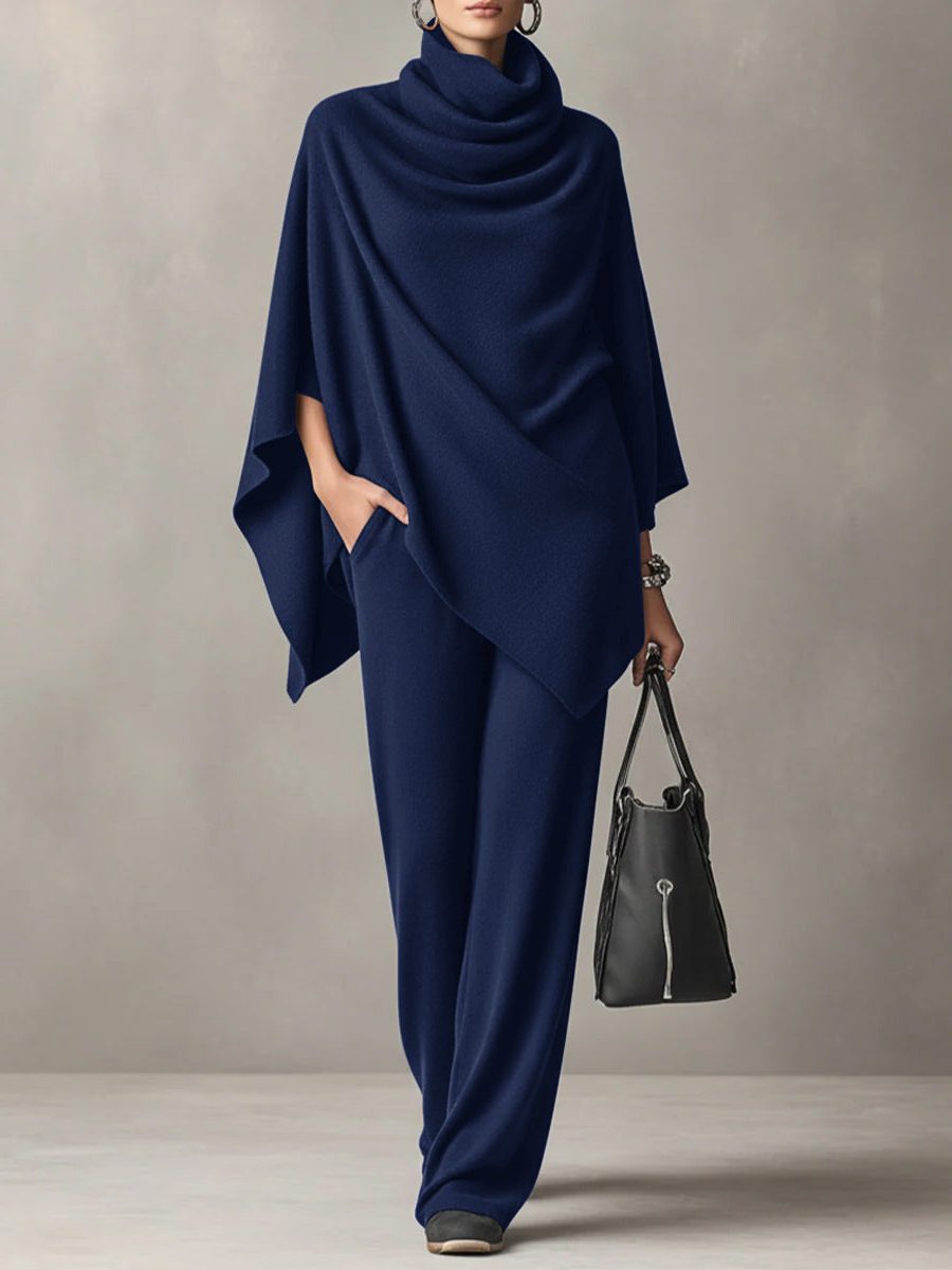 Odelnova | Women's Two-Piece Matching Knitted Cowl-Neck Co-ord Set, Wide-Leg — Navy
