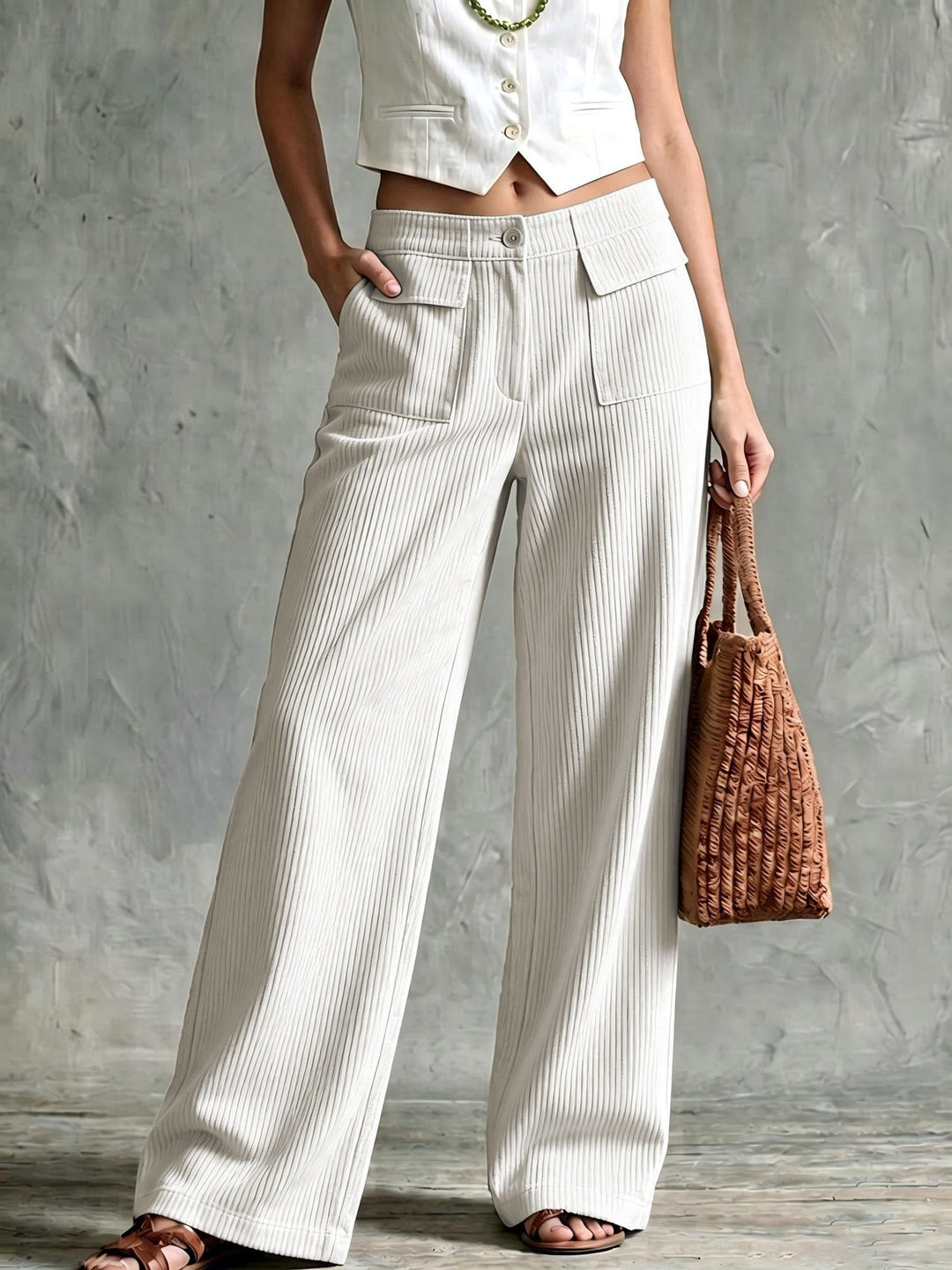 Odelsia | Women's Wide-Leg Corduroy Pants — White