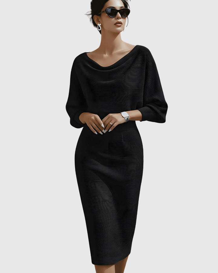 Oksana | Women's Wedding Guest Elegant Midi Dress with Batwing Sleeves Dresses — Black