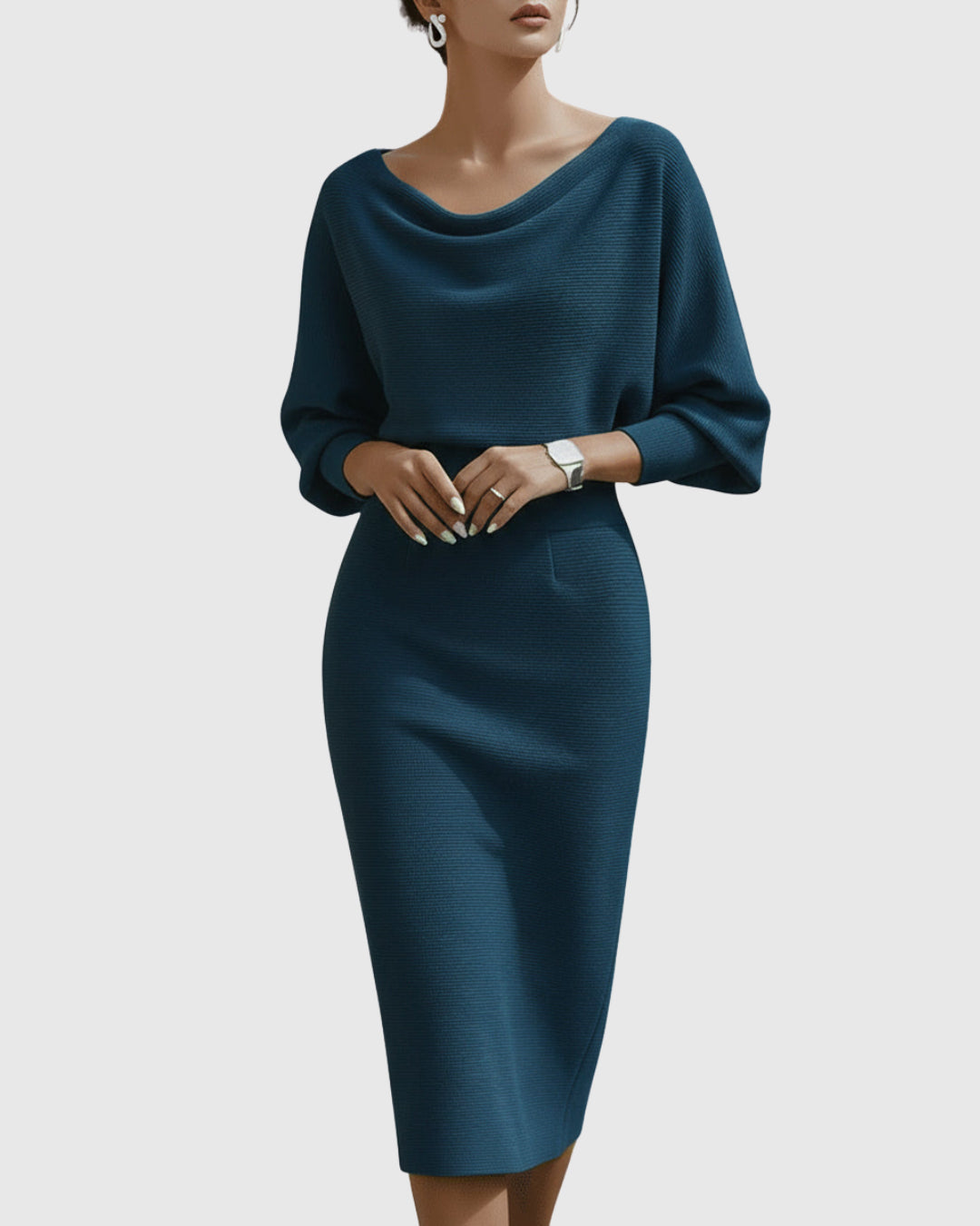 Oksana | Women's Wedding Guest Elegant Midi Dress with Batwing Sleeves Dresses — Blue