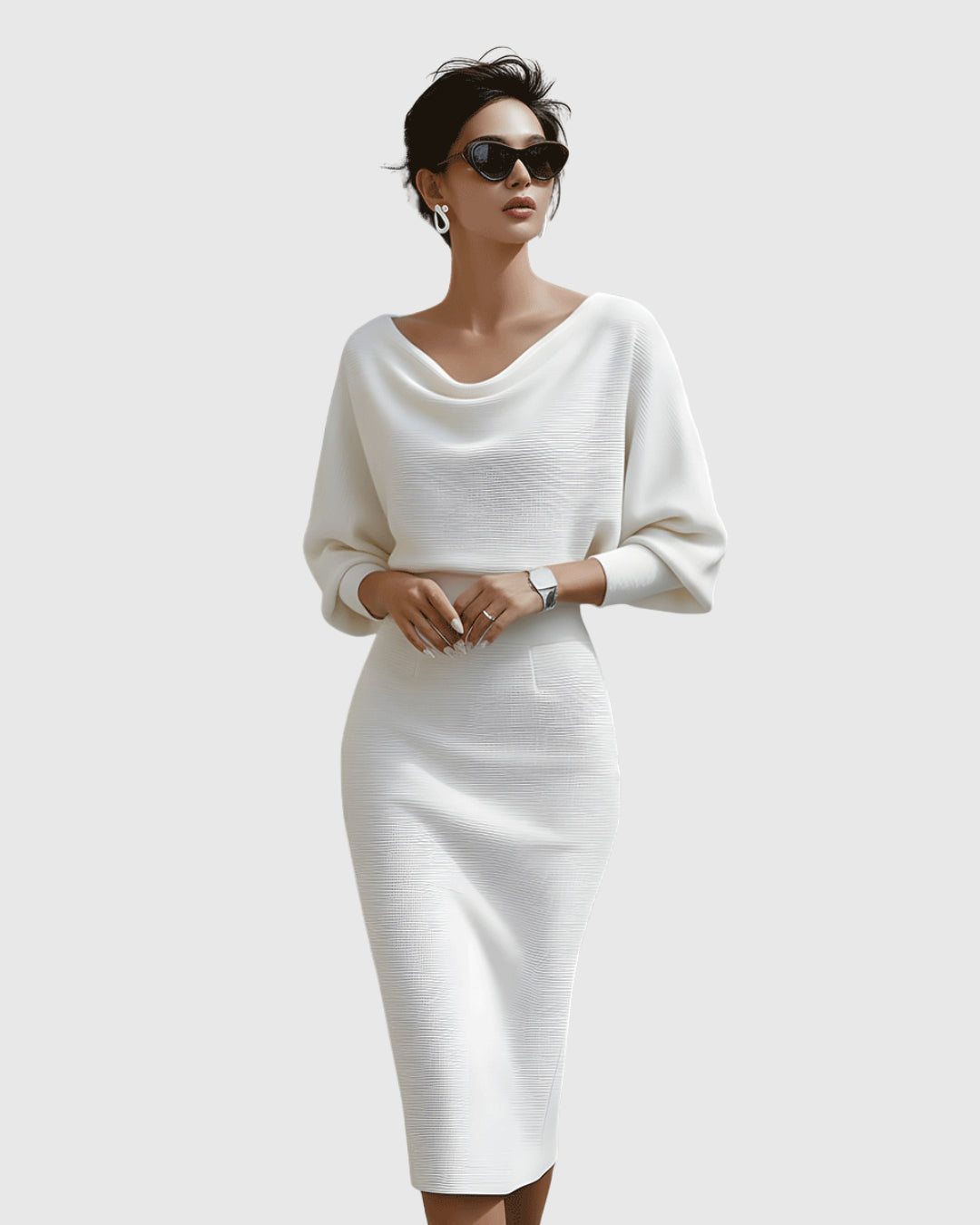 Oksana | Women's Wedding Guest Elegant Midi Dress with Batwing Sleeves Dresses — 1