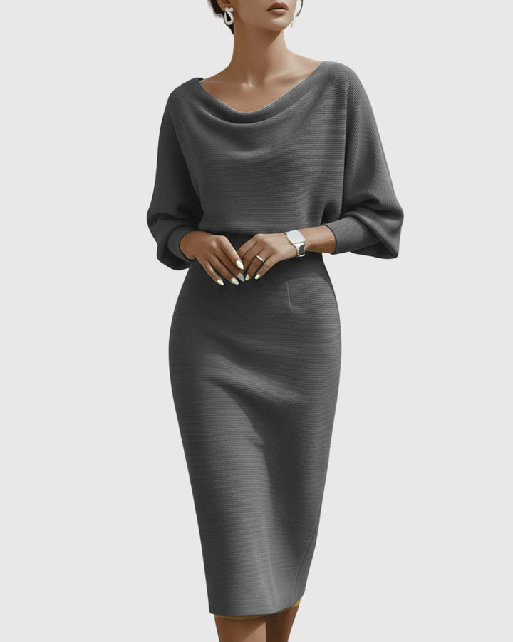 Oksana | Women's Wedding Guest Elegant Midi Dress with Batwing Sleeves Dresses — Gray