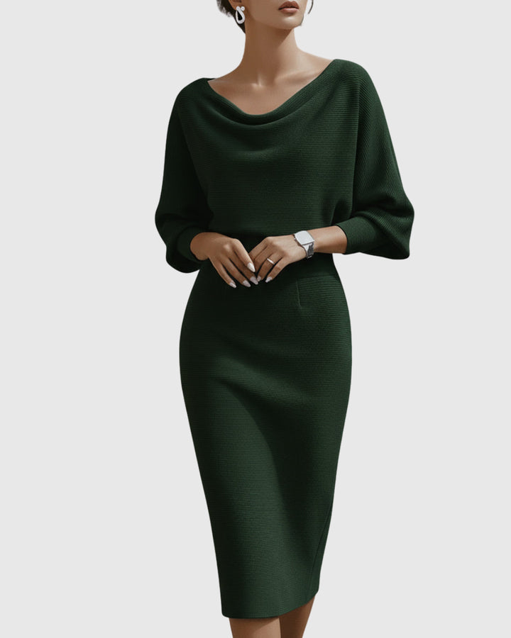 Oksana | Women's Wedding Guest Elegant Midi Dress with Batwing Sleeves Dresses — Green