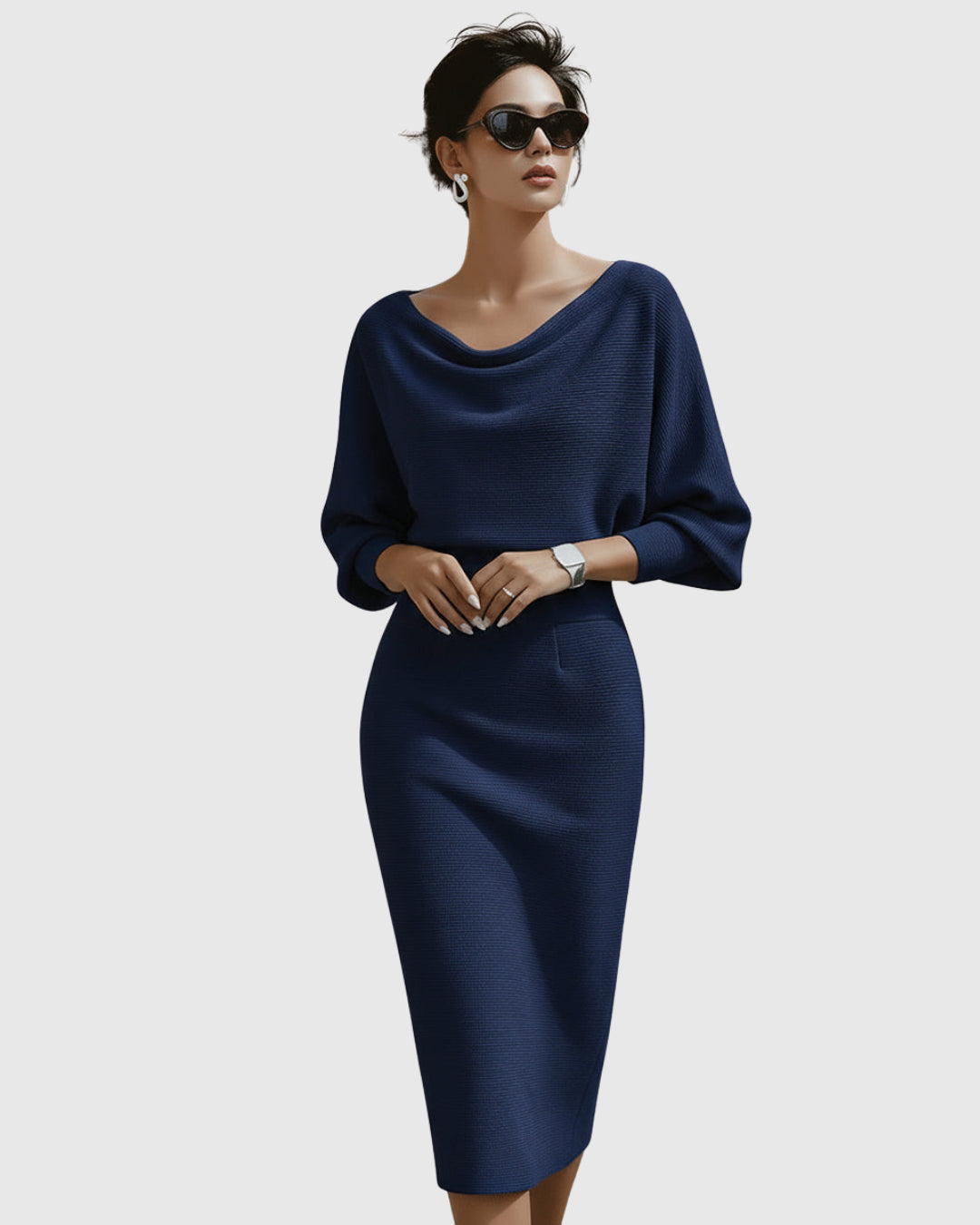 Oksana | Women's Wedding Guest Elegant Midi Dress with Batwing Sleeves Dresses — Navy