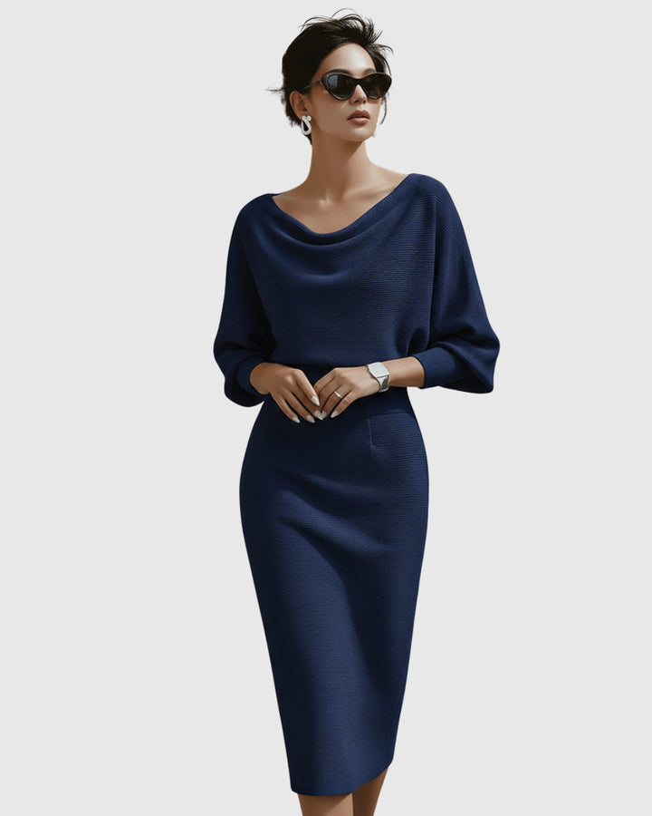 Oksana | Women's Wedding Guest Elegant Midi Dress with Batwing Sleeves Dresses — Navy