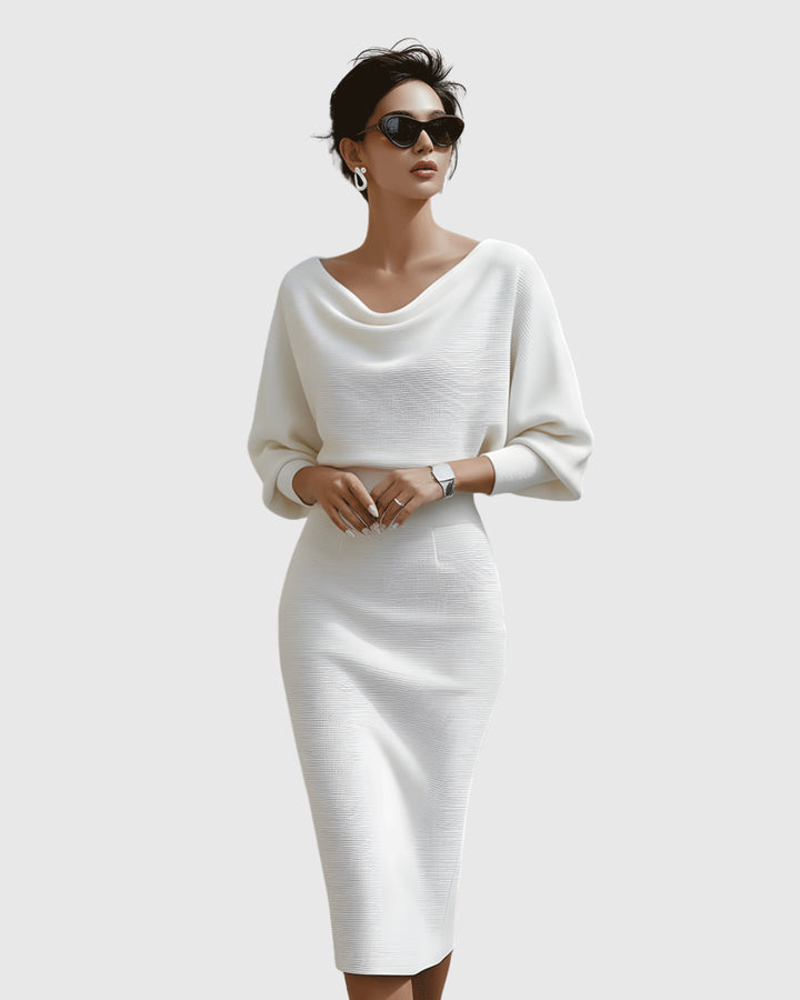 Oksana | Women's Wedding Guest Elegant Midi Dress with Batwing Sleeves Dresses — White