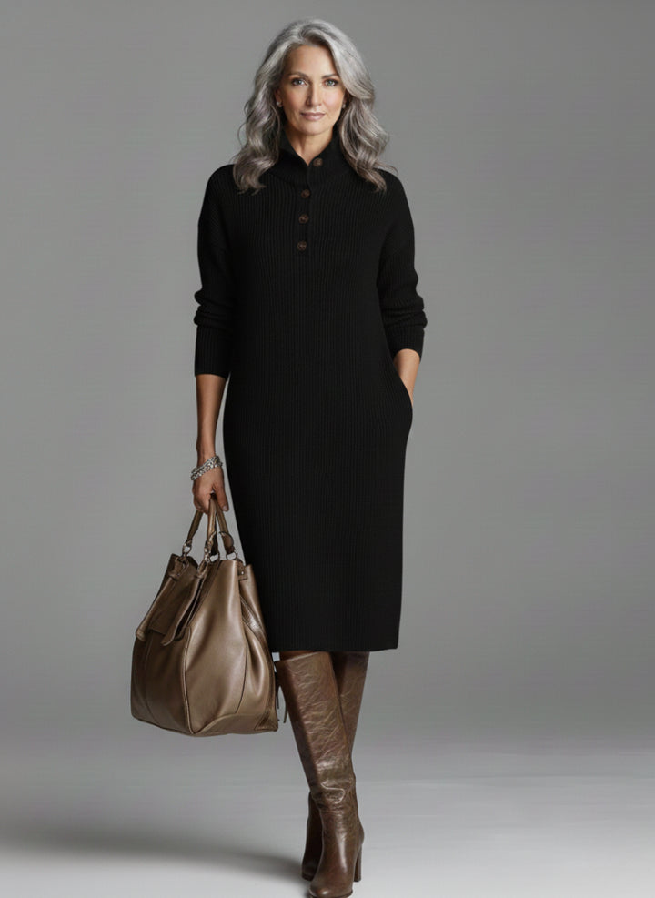 Ondvia | Women's Elegant Chic Ribbed Midi Dress — Black