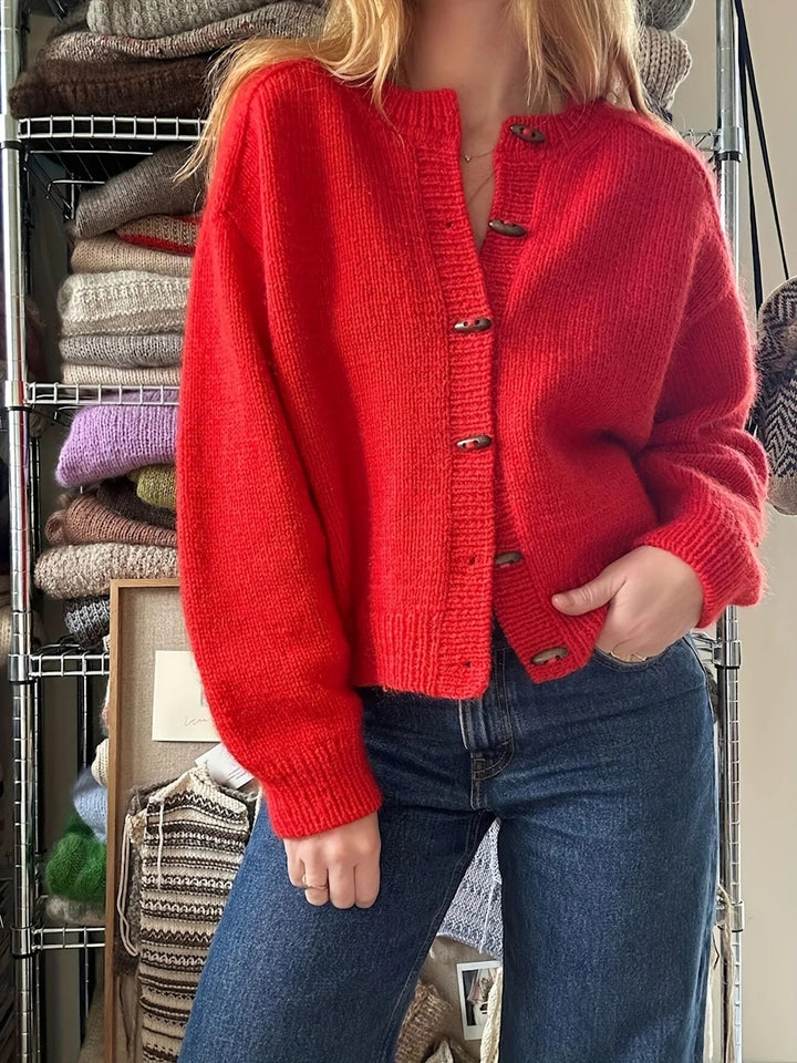 Ondwen | Women's Cardigan Sweater Horn Button Korean Style Loose Knit Jacket — Red