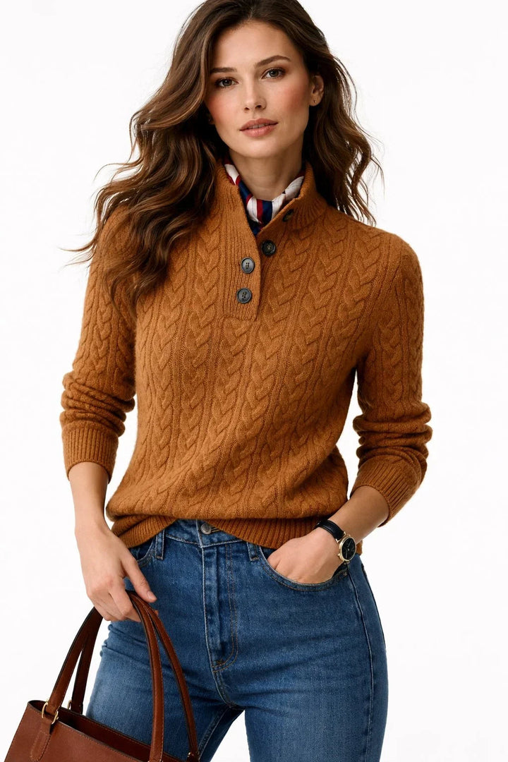 Oriaara | Women's Cozy Wool Blend Cable Knit Button Mock Neck Sweater — Brown