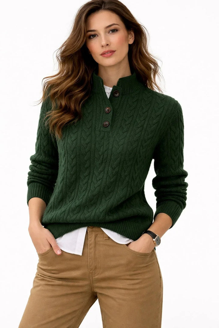 Oriaara | Women's Cozy Wool Blend Cable Knit Button Mock Neck Sweater — Green