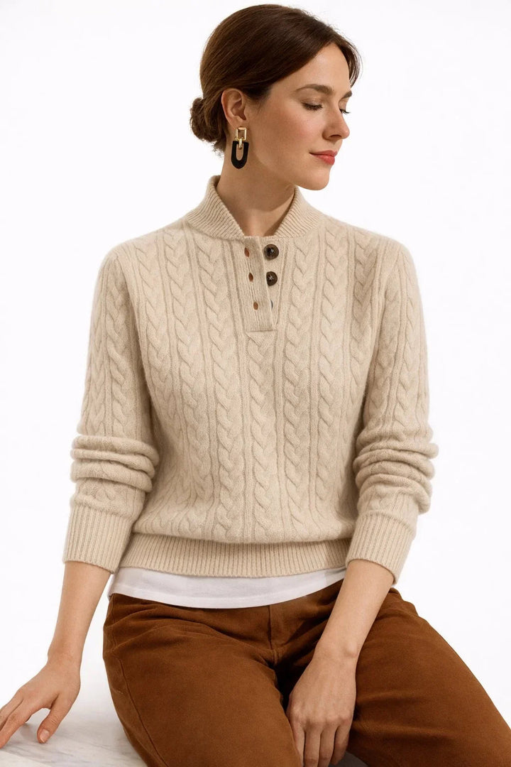 Oriaara | Women's Cozy Wool Blend Cable Knit Button Mock Neck Sweater — Khaki