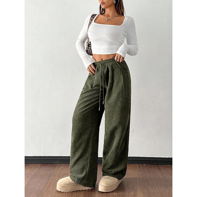 Oriaelle | Women's Corduroy Wide-Leg Pants with Drawstring Waist — 2