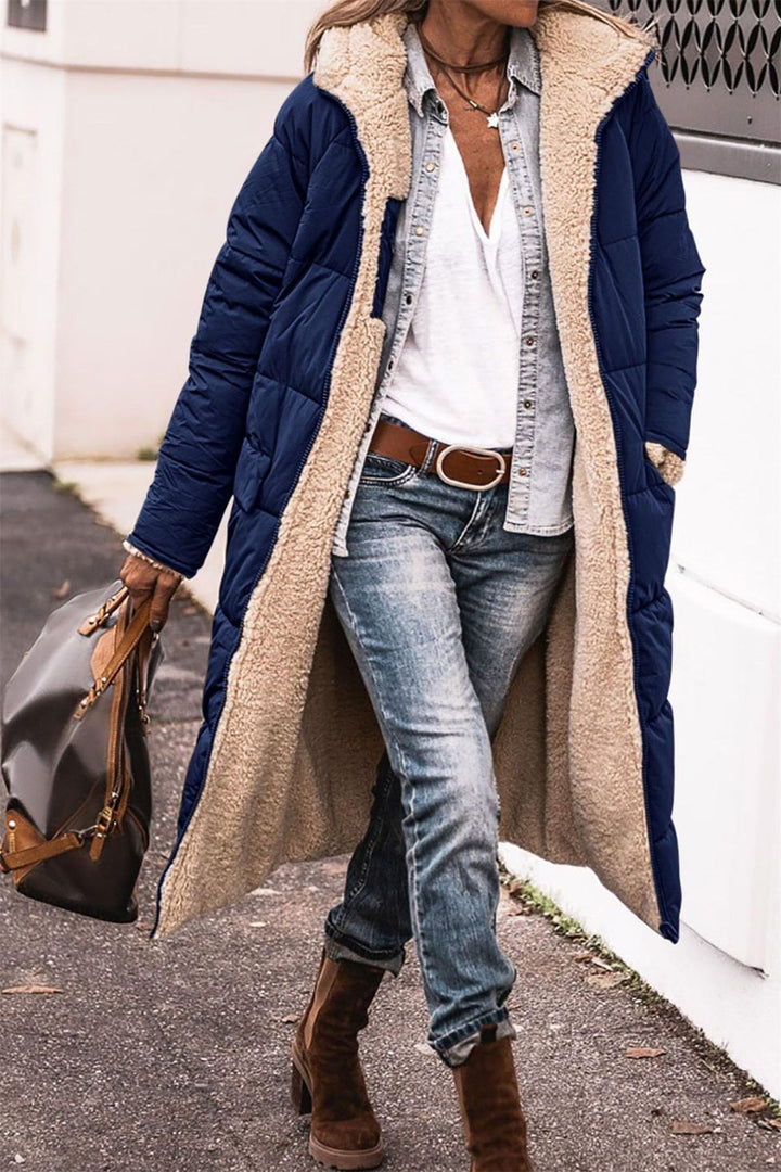 Oriara | Women's Longline Puffer Jacket with Sherpa Lining — Blue