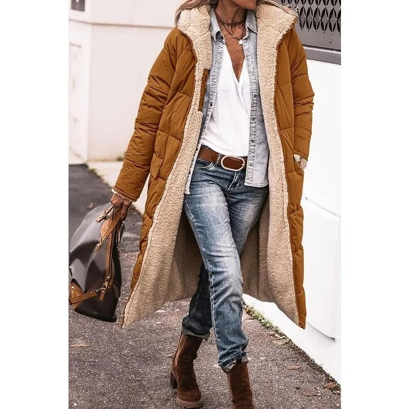 Oriara | Women's Longline Puffer Jacket with Sherpa Lining — Brown