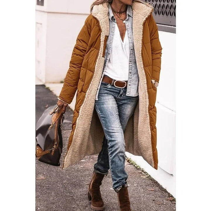 Oriara | Women's Longline Puffer Jacket with Sherpa Lining — Brown