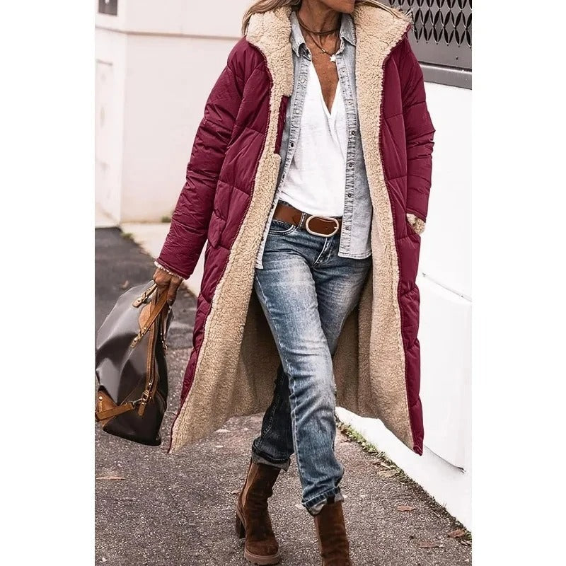 Oriara | Women's Longline Puffer Jacket with Sherpa Lining — Burgundy