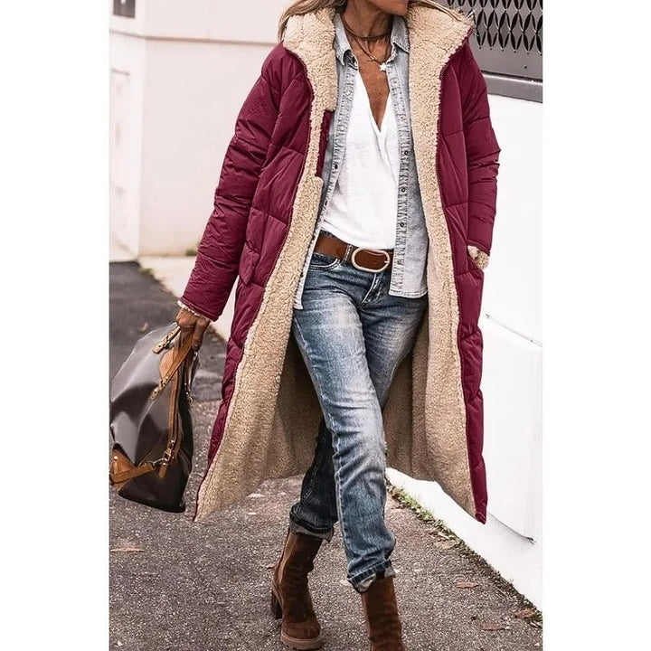 Oriara | Women's Longline Puffer Jacket with Sherpa Lining — Burgundy
