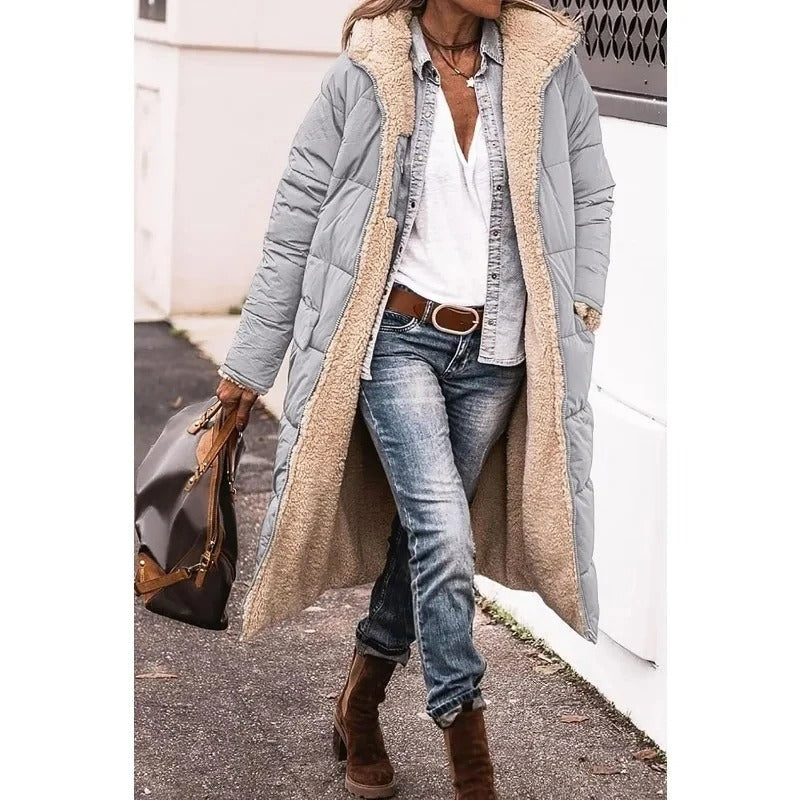 Oriara | Women's Longline Puffer Jacket with Sherpa Lining — Gray