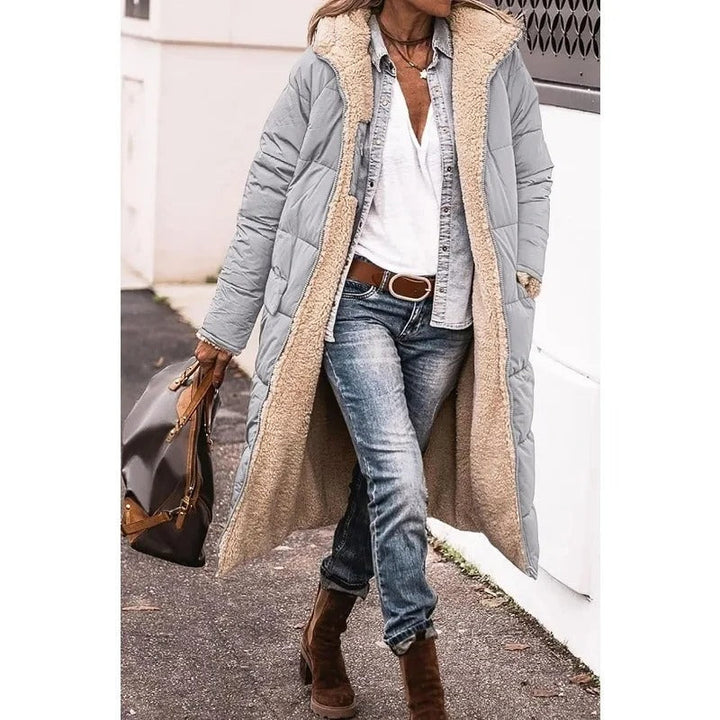 Oriara | Women's Longline Puffer Jacket with Sherpa Lining — Gray
