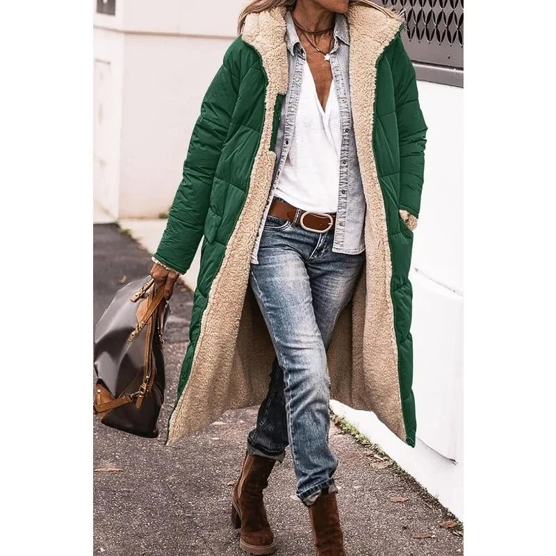Oriara | Women's Longline Puffer Jacket with Sherpa Lining — Green