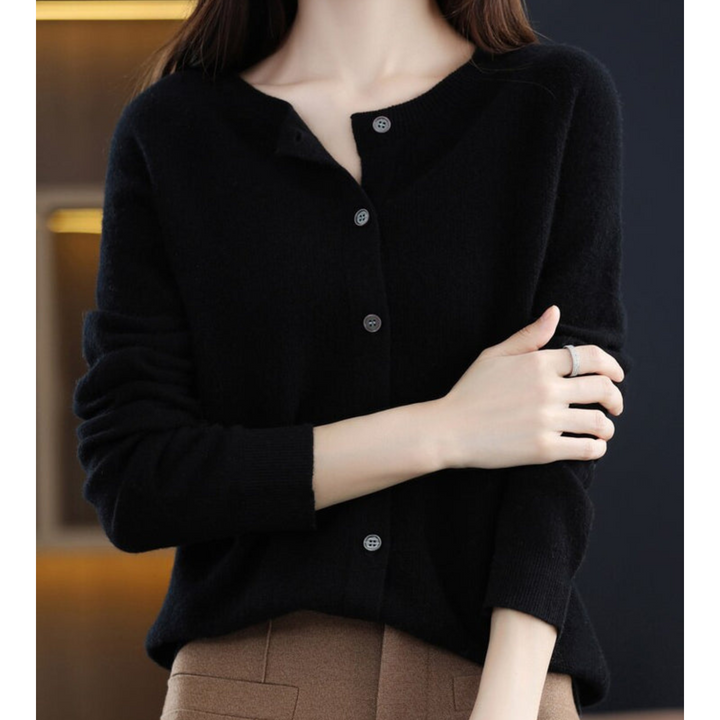 Orlaessa | Women's Cozy Merino Wool && Cashmere cardigan for – elegant O-Neck Knit — Black