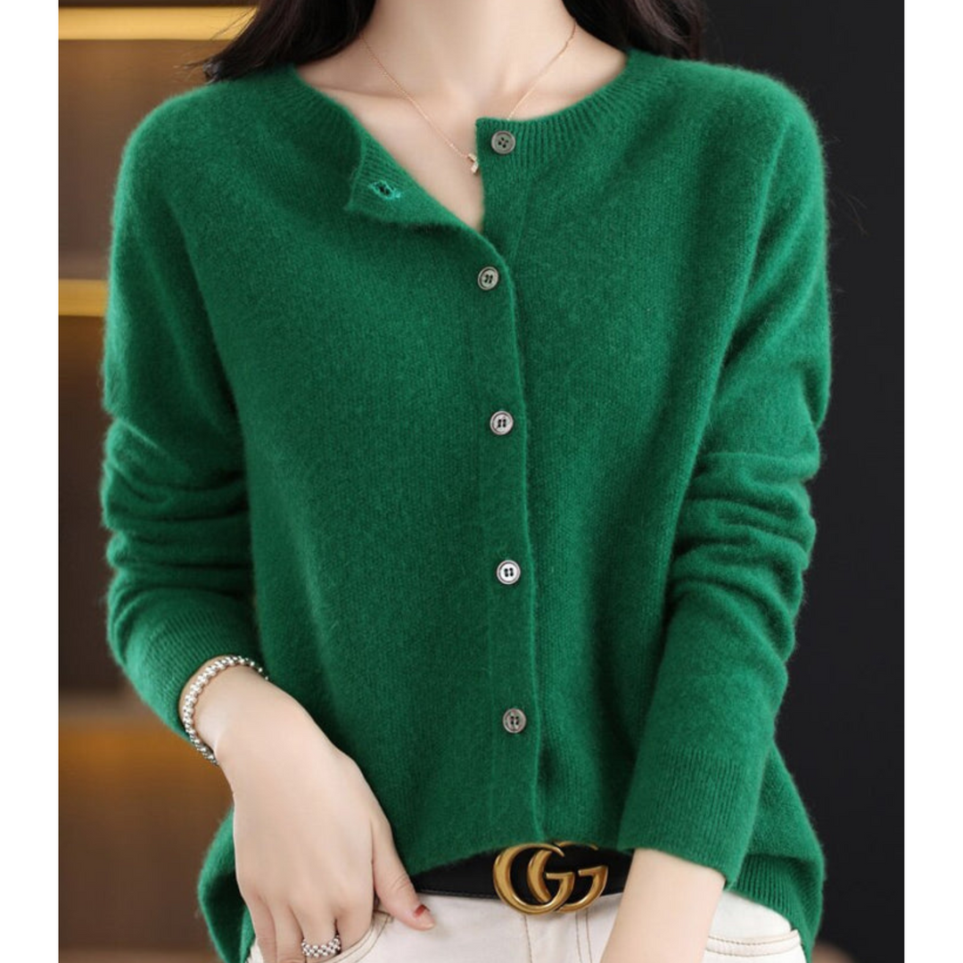 Orlaessa | Women's Cozy Merino Wool && Cashmere cardigan for – elegant O-Neck Knit — Dark Green