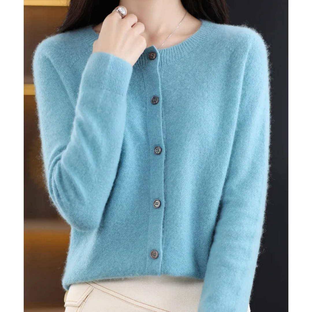 Orlaessa | Women's Cozy Merino Wool && Cashmere cardigan for – elegant O-Neck Knit — Light Blue