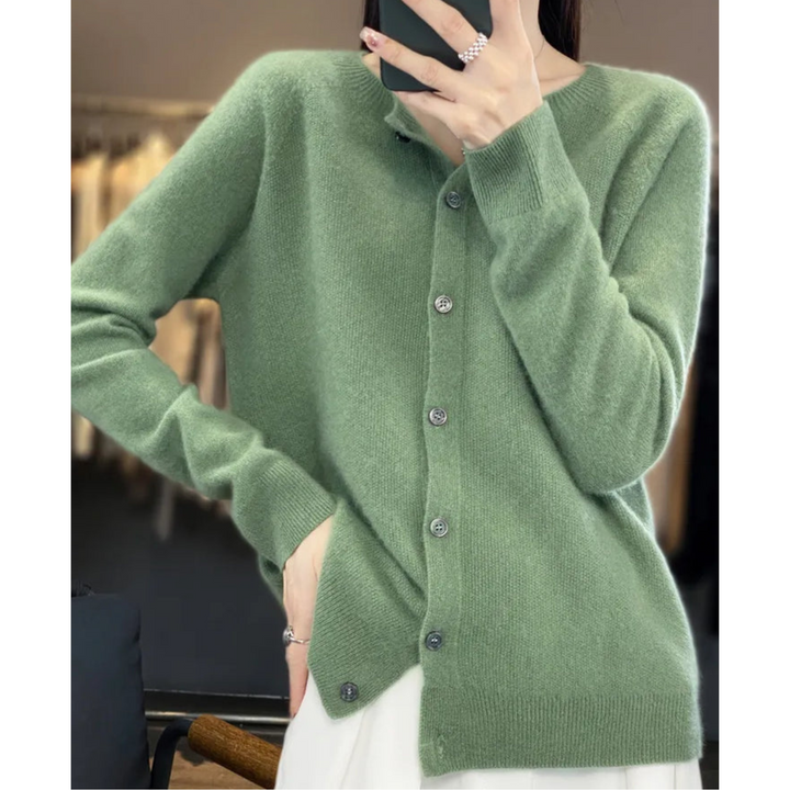 Orlaessa | Women's Cozy Merino Wool && Cashmere cardigan for – elegant O-Neck Knit — Light Green