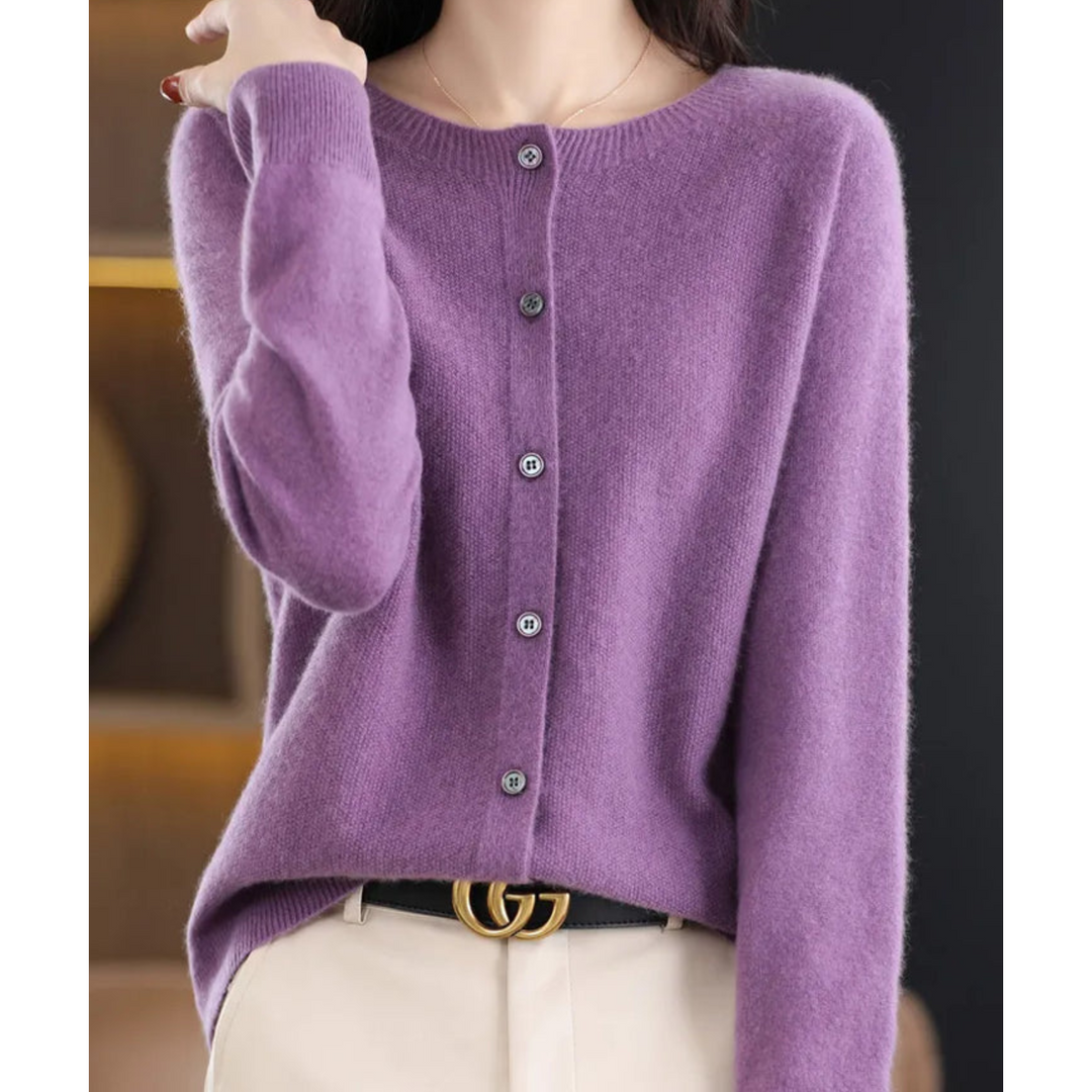 Orlaessa | Women's Cozy Merino Wool && Cashmere cardigan for – elegant O-Neck Knit — Purple