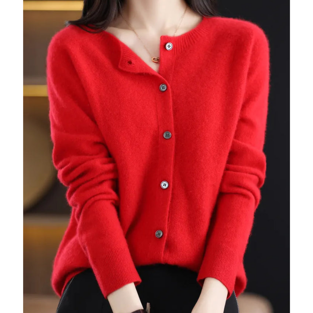 Orlaessa | Women's Cozy Merino Wool && Cashmere cardigan for – elegant O-Neck Knit — Red