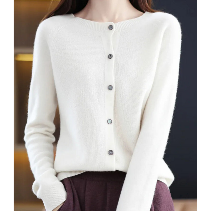 Orlaessa | Women's Cozy Merino Wool && Cashmere cardigan for – elegant O-Neck Knit — White
