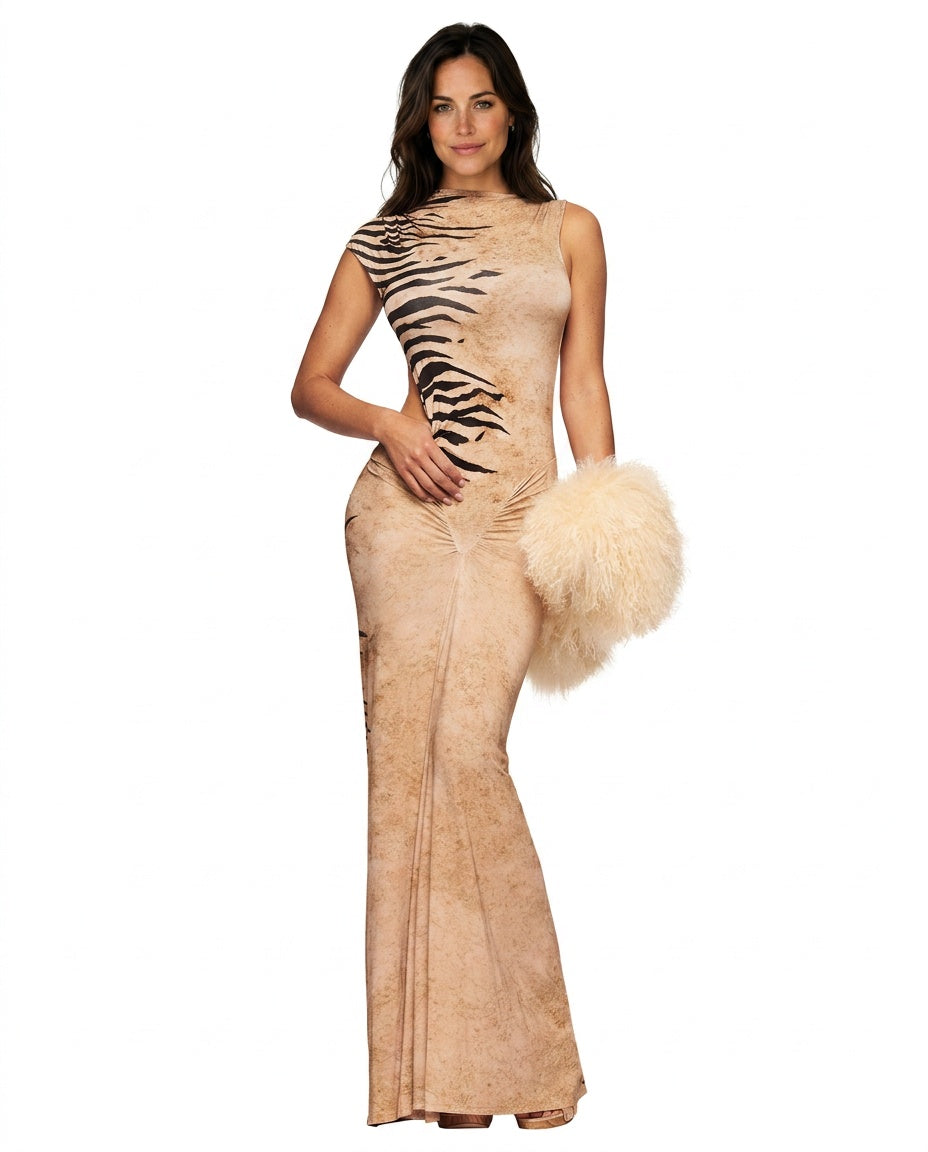 Perlalia — Animal Print Gathered Backless Maxi