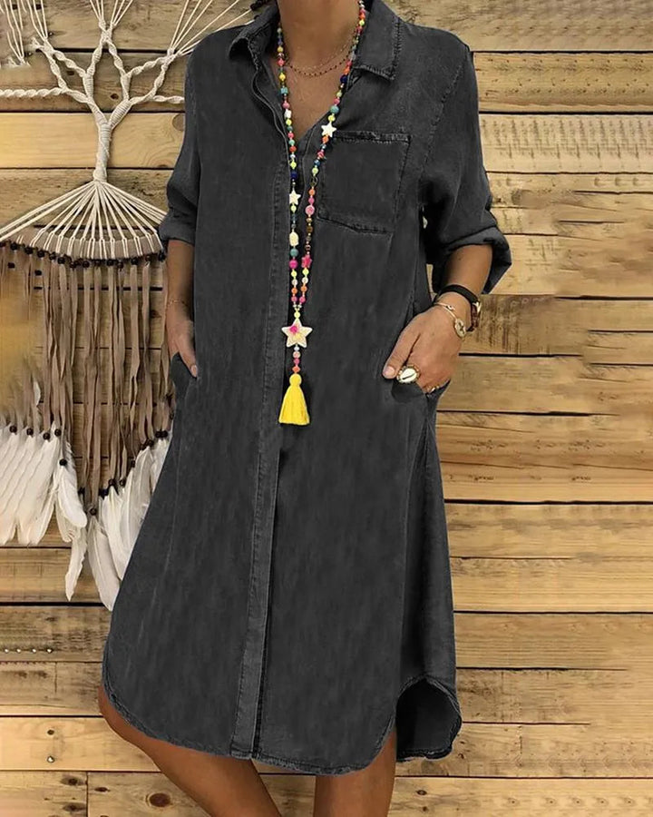 Perlaphine | Women's Elegant Casual Denim Shirt Dress with Comfortable Fit — Black
