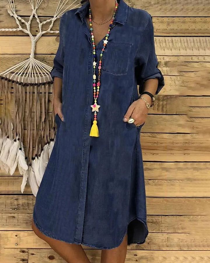 Perlaphine | Women's Elegant Casual Denim Shirt Dress with Comfortable Fit — Navy Blue