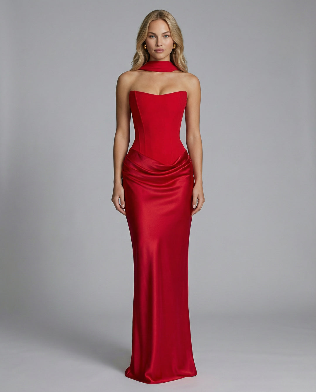 Persephone | Women's High-Waist Maxi Dress with Strapless Corset and Draped Skirt — Red