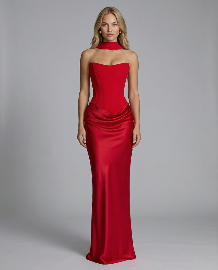 Persephone | Women's High-Waist Maxi Dress with Strapless Corset and Draped Skirt — Red