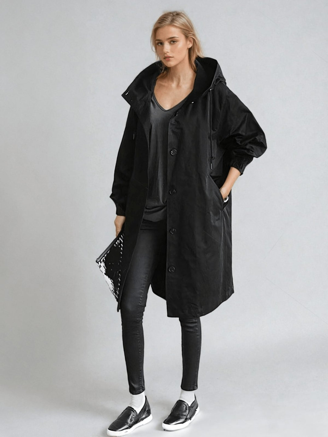 Petronella | Women's Double-Breasted Trench Asymmetric Hem Everyday Coats — Black