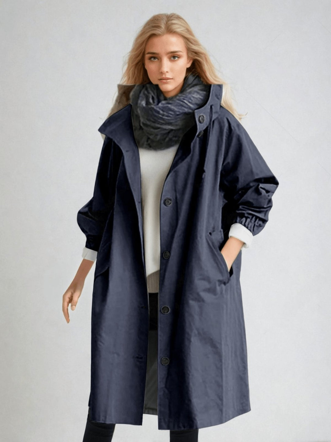 Petronella | Women's Double-Breasted Trench Asymmetric Hem Everyday Coats — Navy