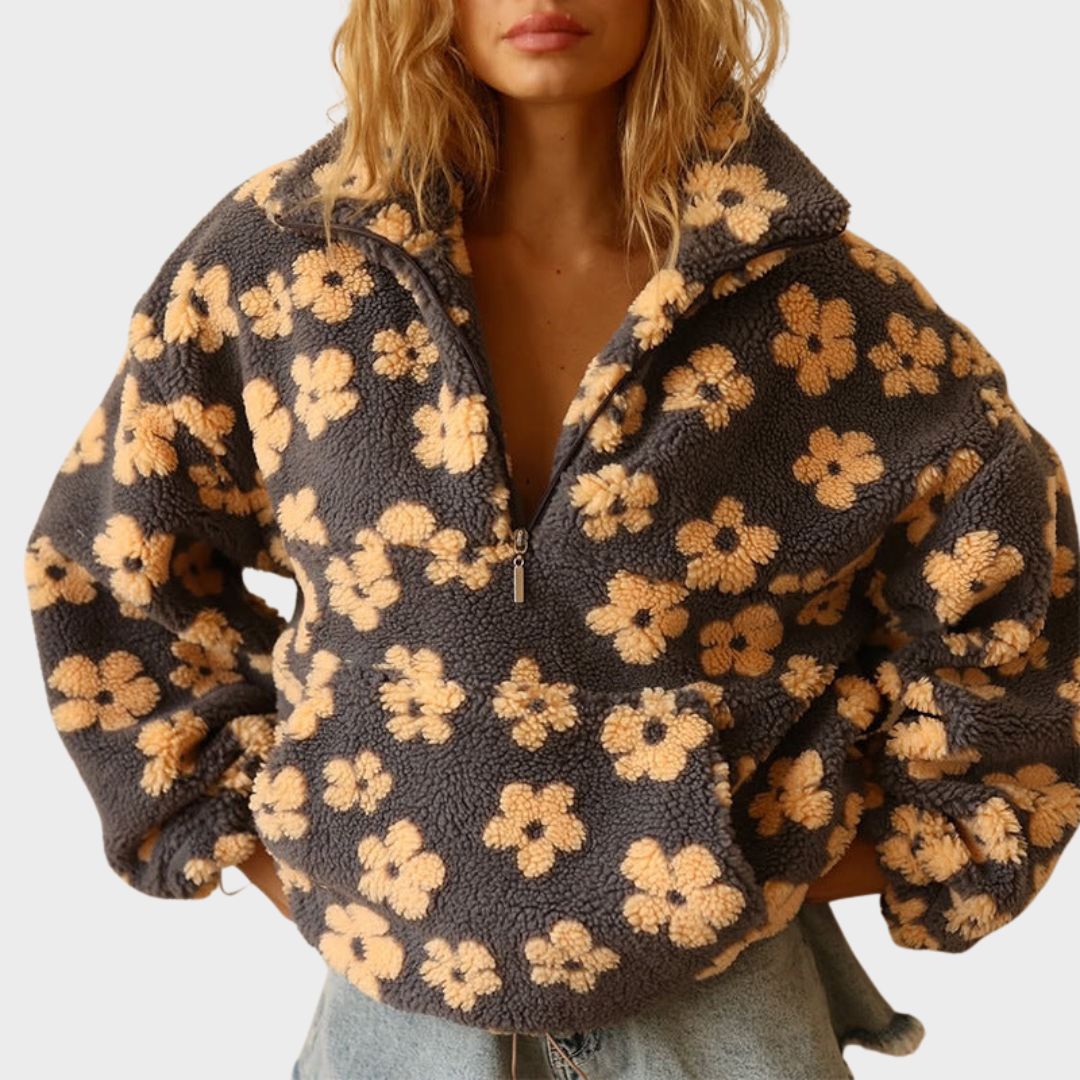 Pia | Women's Knit Cozy Floral Quarter Zip Sweaters — 1