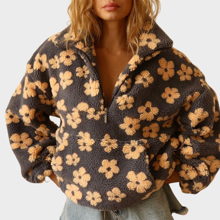 Pia | Women's Knit Cozy Floral Quarter Zip Sweaters — 1