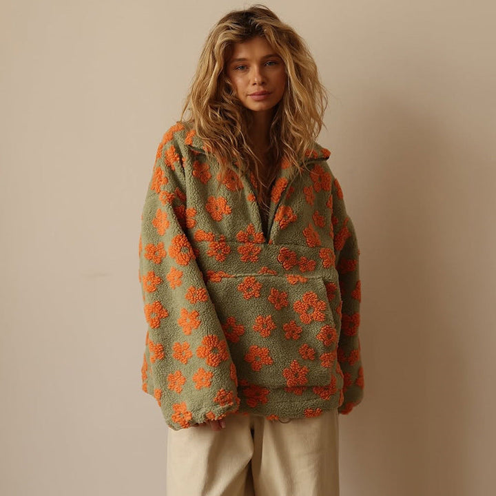 Pia | Women's Knit Cozy Floral Quarter Zip Sweaters — Orange